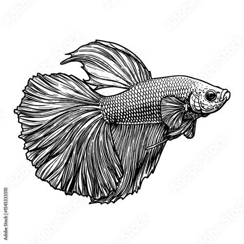 Detailed Beautiful Siamese Fighter Fish Perspective View Black and White Outline Line Art Drawing Illustration
