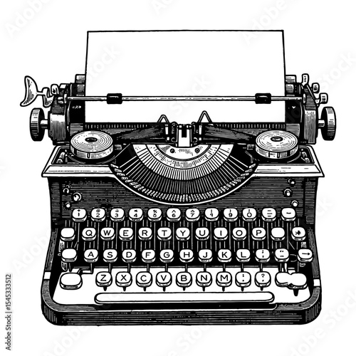 Detailed Old Fashioned QWERTY Layout Typewriter Black and White Outline Line Art Drawing with Paper