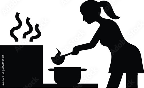 Woman Stirring Food Silhouette Vector Icon in Kitchen