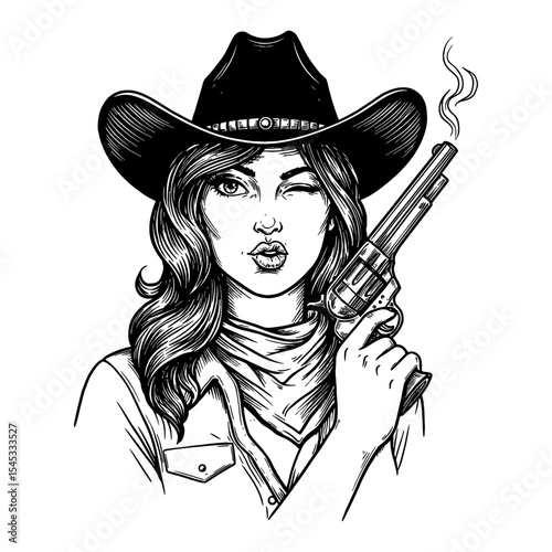 Cowboy Lady Flirty Winking One Eye Closed with Gun Smoke Black and White Outline Line Art Drawing