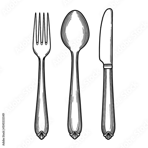Elegant Simple Fork Spoon Knife Cutlery Black and White Outline Line Art Drawing Utensils