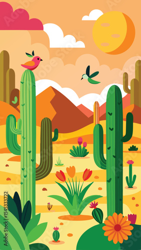 Colorful desert landscape illustration featuring birds cacti flowers and a vibrant sky with transparency.
