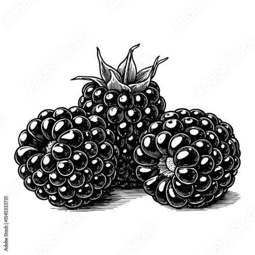 Three Ripe Sweet Blackberry Fruits Vintage Engraved Black and White Outline Line Art Drawing Isolated Object
