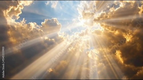 Bright sunlight breaking through clouds, creating a dramatic sky with rays of light. The scene conveys a sense of hope and tranquility.