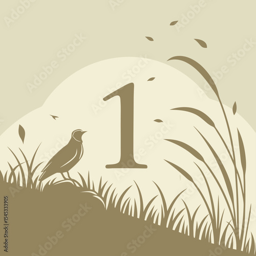 Number 1 Nature Scene with Bird and Grass Silhouette Design