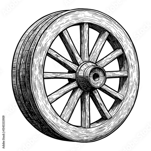 Vintage Wooden Wheel Black and White Outline Line Art Drawing Isolated Old Rustic Wagon Cart Wheel