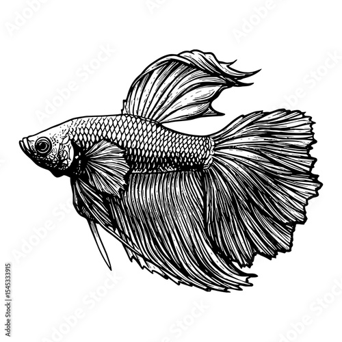 Beautiful Siamese Fighter Fish Side View Detailed Black and White Outline Line Art Drawing Vintage Style
