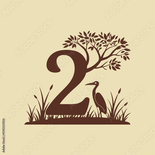 Number 2 Nature Scene with Bird, Tree, and Grass Silhouette Illustration