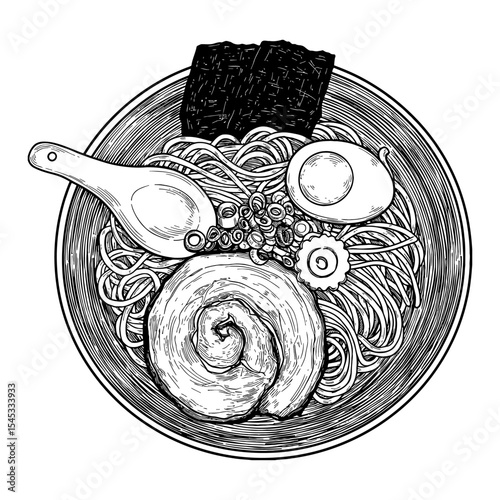 Authentic delicious Japanese ramen noodles bowl with egg chashu seaweed spoon top view Black and White Outline Line Art Drawing