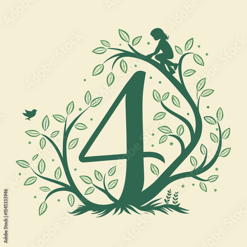 Number 4 Tree Design with Girl and Bird – Nature Inspired Vector Illustration