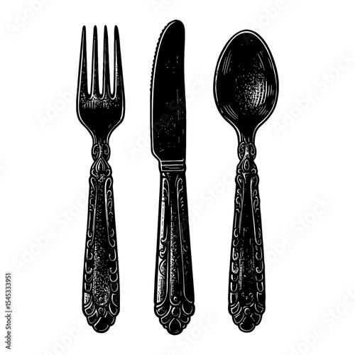 Elegant Vintage Cutlery Set Fork Spoon Knife Black and White Outline Line Art Drawing Engraving Style Detailed Utensils