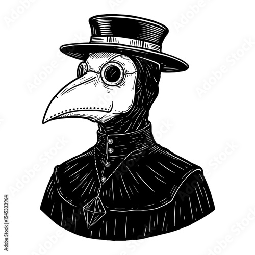 Detailed Vintage Plague Doctor Portrait Black and White Outline Line Art Drawing Beak Mask Cloak