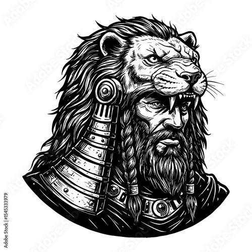Legendary Warrior with Lion Head Portrait Black and White Outline Line Art Drawing Fierce Powerful Man