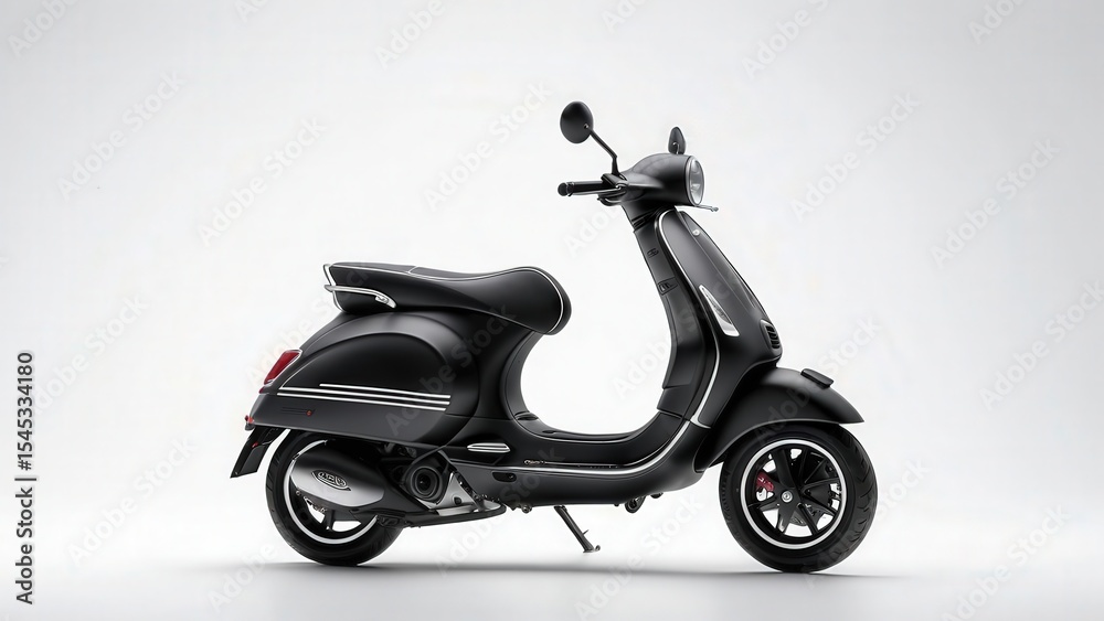 Obraz premium Matte black Vespa Sprint stands out on a pure white infinity cove studio background, perfect for concepts of modern transportation and premium lifestyle.