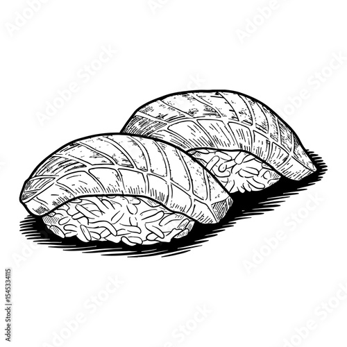 Delicious Sashimi Japanese Food Black and White Outline Line Art Drawing Vintage Style Cuisine