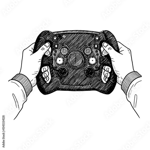 Driver's Two Hands Firmly Gripping a Formula 1 Race Steering Wheel Black and White Outline Line Art Drawing