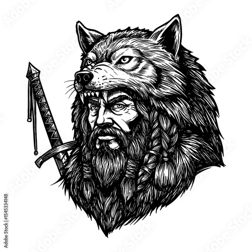 Legendary Warrior Wearing Wolf Headgear with Sword and Braids Black and White Outline Line Art Drawing