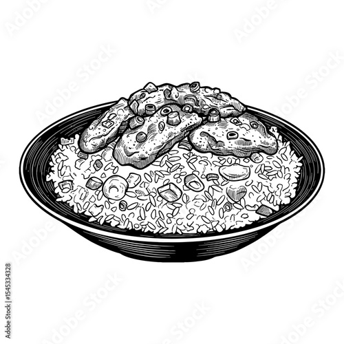 Classic Chicken Fried Rice Bowl Topped with Delicious Meat and Vegetables Black and White Outline Line Art Drawing