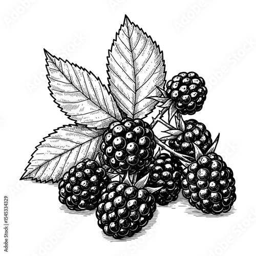 Detailed Blackberry Fruits with Green Leaves Branch Black and White Outline Line Art Drawing Style Vintage Etching