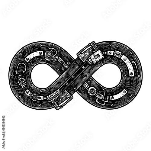 Detailed Steampunk Infinity Symbol Black and White Outline Line Art Drawing with Gears and Mechanical Elements