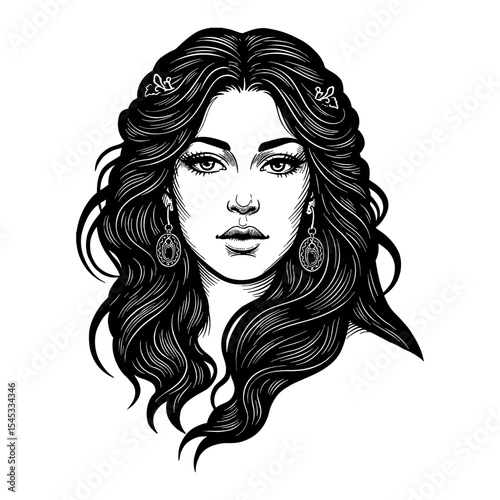 Divine Womanhood Sacred Femininity Frontal Portrait Black and White Outline Line Art Drawing