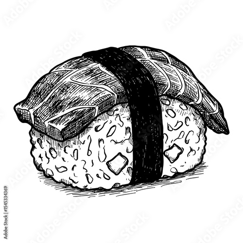 Delicious Traditional Japanese Nigiri Sushi Food Vintage Style Black and White Outline Line Art Hand Drawing