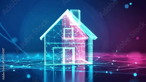 Digitally rendered house glows with a network of connected lines, symbolizing smart home technology and interconnected living