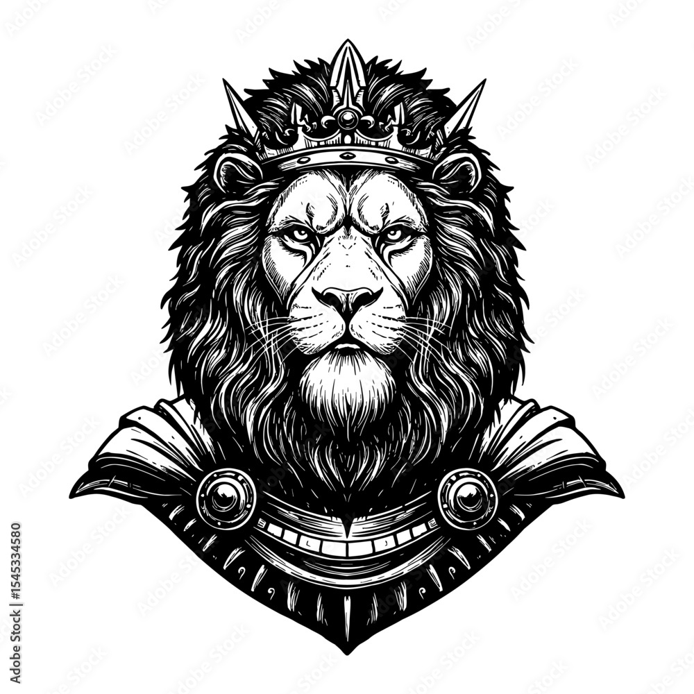 Obraz premium A Legendary Lion Warrior King Portrait Majestic Regal Animal Black and White Outline Line Art Drawing