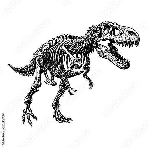 Prehistoric Tyrannosaurus Rex Skeleton Fossil Black and White Outline Line Art Drawing Ancient Dinosaur