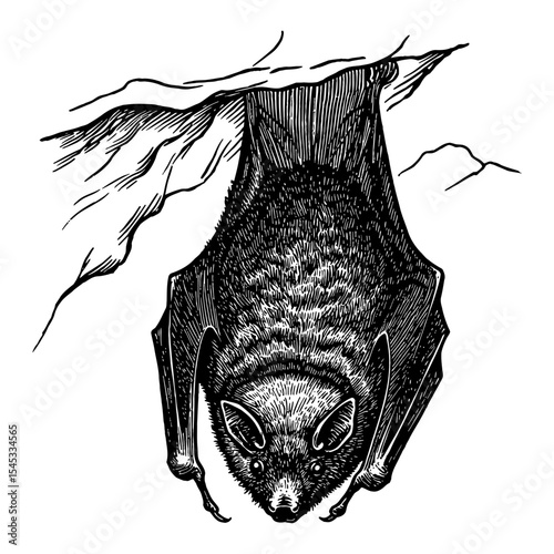 Bat Hanging Upside Down in Cave Rock Formation Black and White Outline Line Art Drawing Vector Illustration