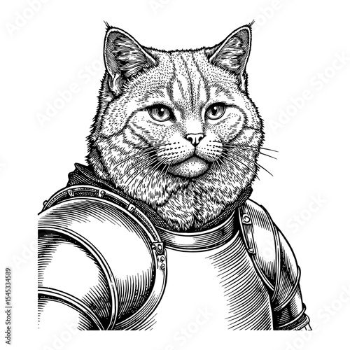 A Legendary Warrior Chubby Cat Head Portrait Wearing Medieval Knight Body Armor Black and White Outline Line Art Drawing