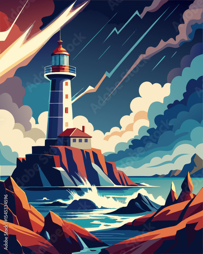 Stormy Lighthouse Scene – Flat Vector Illustration