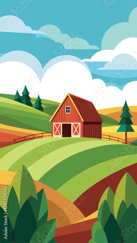 Colorful farm scene featuring a red barn and rolling green fields with cloudscape