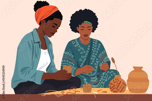 Black woman doing basket weaving in a local craft shop on holiday in Africa for a slow travel concept. African American tourist learning about skill, culture and art in a small business on a vacation