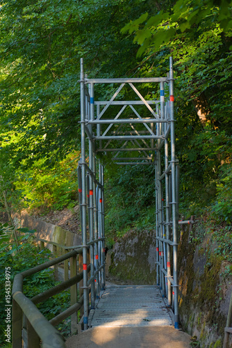 A sturdy scaffolding walkway extends into lush greenery, symbolizing temporary solutions, construction progress, and the fusion of urban infrastructure with nature.
