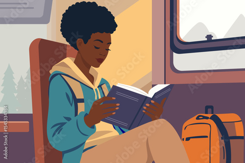 Black woman reading a book on a train while on holiday for a slow travel concept. African American tourist relaxing with a novel on a solo trip abroad, taking a cozy and calm journey on a vacation