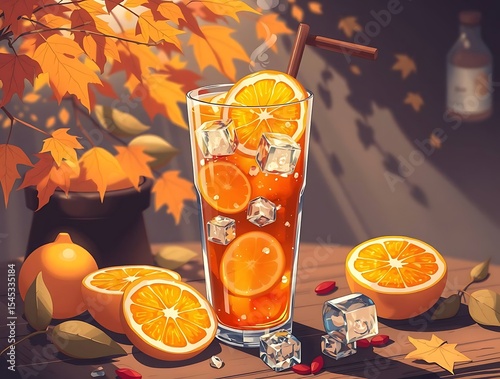 Autumnal iced tea with orange slices
