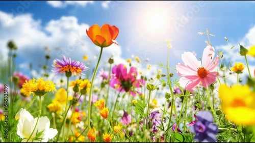 Summer vibes. Beautiful meadow field with colorful wildflowers under bright blue sky. Sunlight illuminates the scene, creating a cheerful atmosphere.
