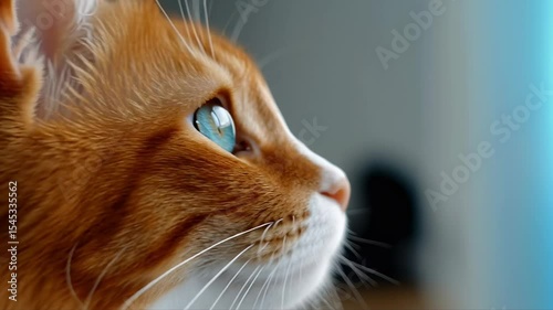 Closeup of a domestic orange tabby cat with striking blue eyes. The cat gazes upward, showcasing its soft fur and prominent whiskers.