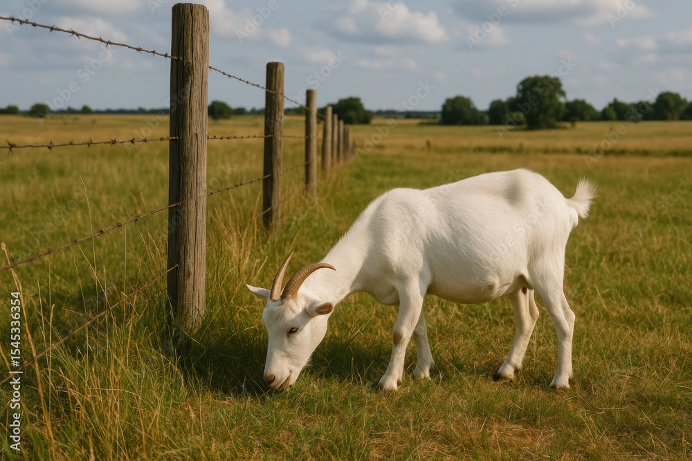 Obraz premium White goat grazing behind a fence in a field.