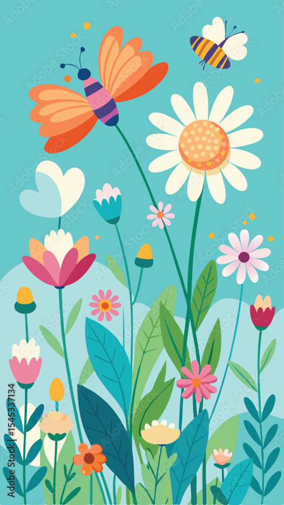 Fototapeta premium Colorful floral illustration with butterflies and a variety of blooming flowers on light blue background