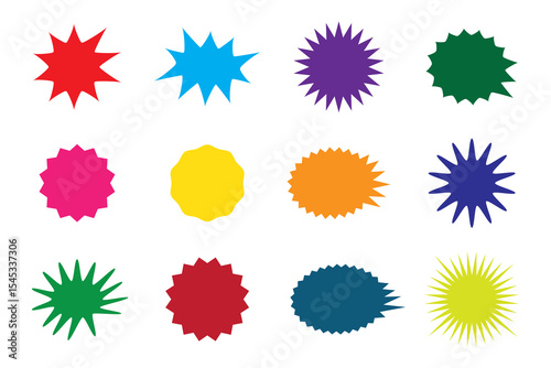 Circle sticker set. Wavy edge promo Colourful badges. Star burst shape tags for price. Blank sale stickers. Simple silhouette. Flat vintage labels. Graphic illustration. 