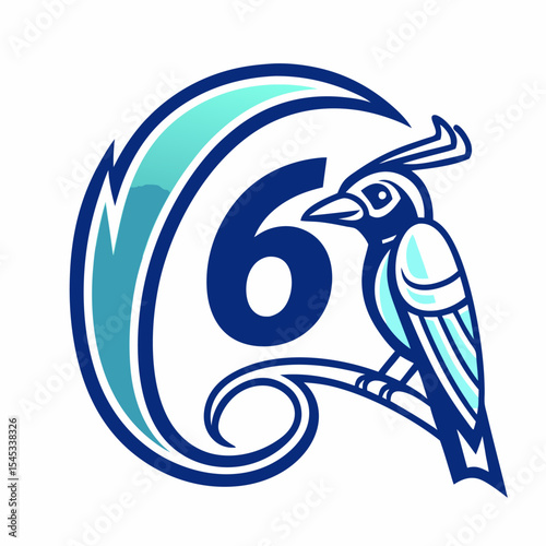 Number 6 Illustration with Decorative Bird and Stylized Design – Nature Inspired Vecto