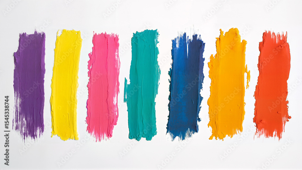 Fototapeta premium Seven thick, textured paint strokes in different colors are isolated on a white background. Used for design, art, and creative inspiration contexts.
