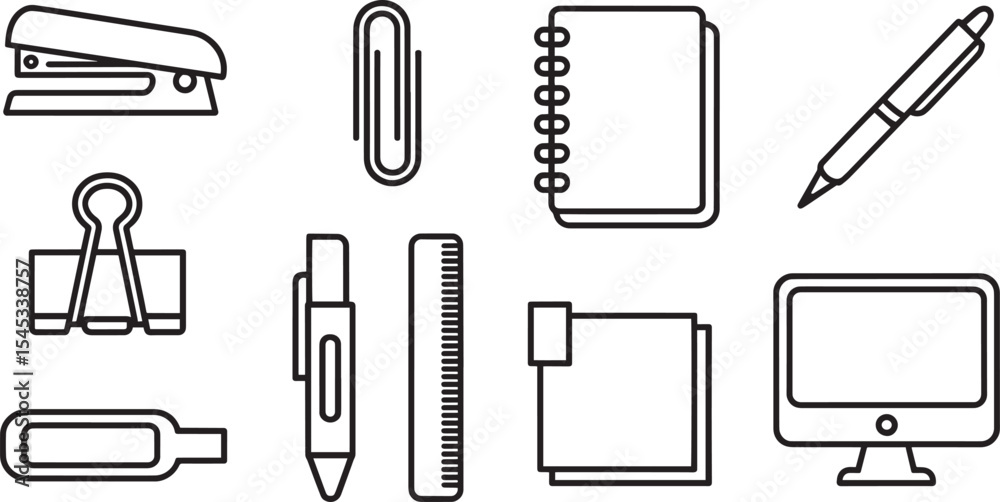 Black and White Line Art Icons Set Office Supplies Stationery Notebook Pen Ruler Stapler Binder Clips Computer Black and White Line Art Icons Set Office Supplies Stationery Notebook Pen Ruler Stapler Binder Clips Computer