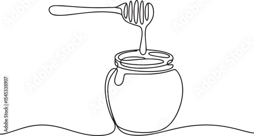  single-line drawing of a honey jar with dipper in continuous line art style on white background
