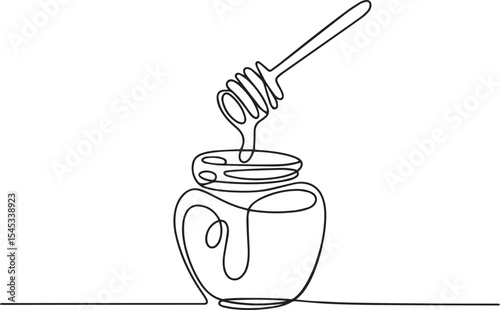  single-line drawing of a honey jar with dipper in continuous line art style on white background