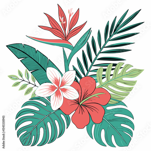 Tropical flowers, palm leaves, jungle leaves, bird of paradise flower, hibiscus, plumeria. Vector flat exotic illustrations