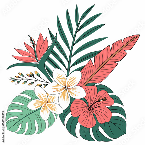 Tropical flowers, palm leaves, jungle leaves, bird of paradise flower, hibiscus, plumeria. Vector flat exotic illustrations