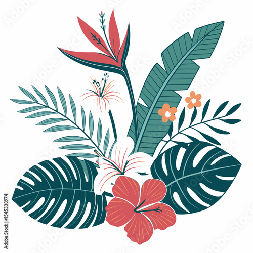 Tropical flowers, palm leaves, jungle leaves, bird of paradise flower, hibiscus, plumeria. Vector flat exotic illustrations